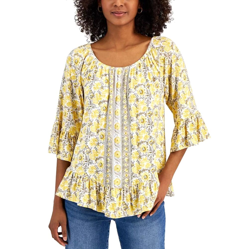 Yellow Floral Peasant On Off Shoulder Blouse Ruffle 3/4 Bell Sleeve M Style & Co